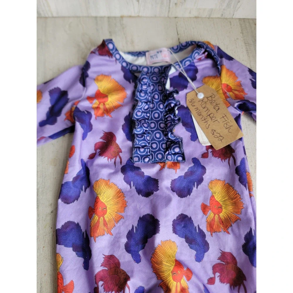Pete Lucy 3-6 months purple fish romper baby outfit unique apparel